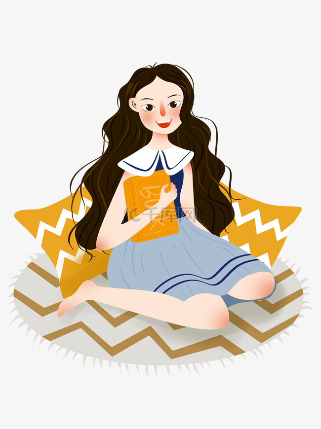 坐着的卡通可爱女孩抱书元素