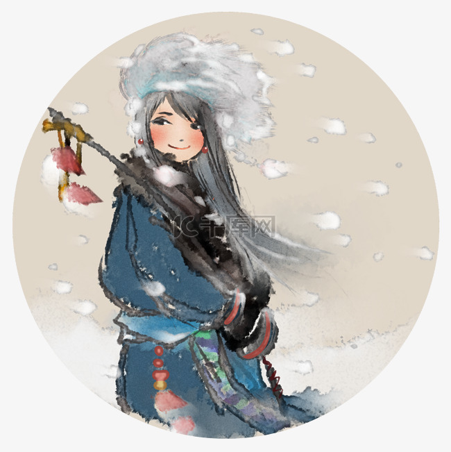 中国风水墨画微笑藏族女孩雪景图