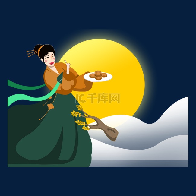 中秋节嫦娥奔月与月饼插画
