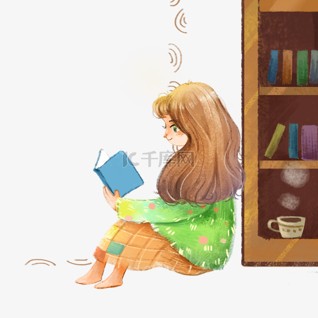 女孩在书柜旁边读书