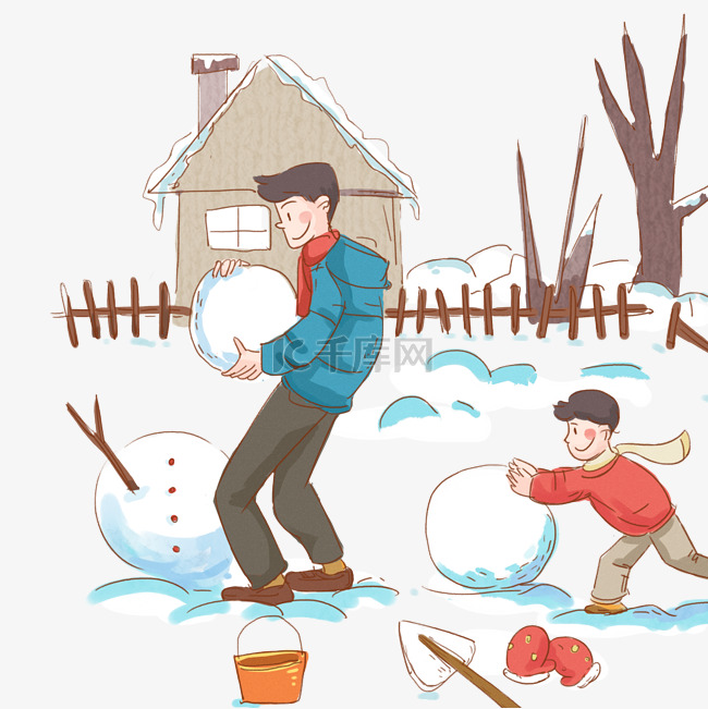 寒假爸爸带儿子堆雪人手绘插图