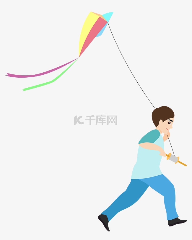 矢量手绘卡通男孩放风筝