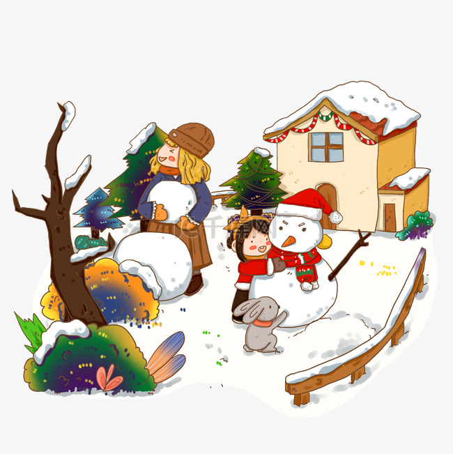 圣诞节院子里堆雪人的小女孩雪景