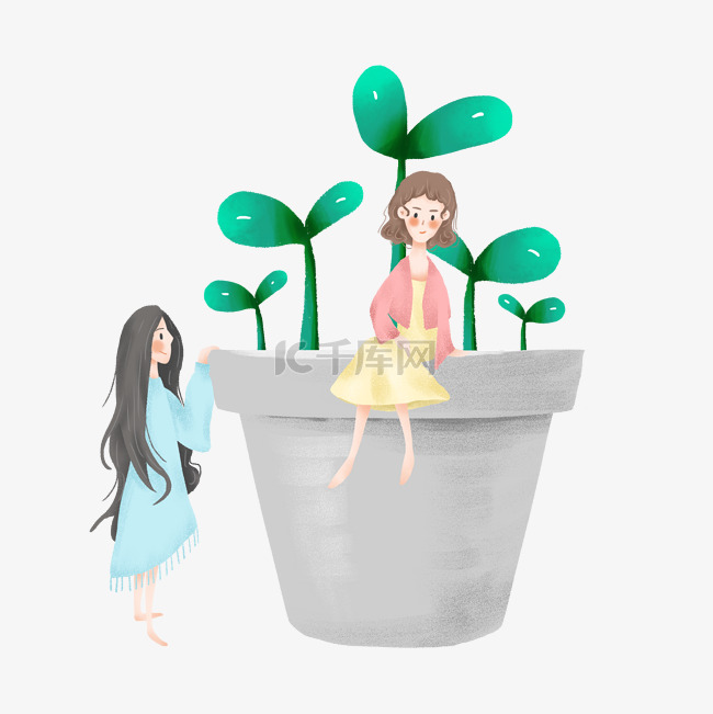 简约女孩和盆栽插画海报免抠元素