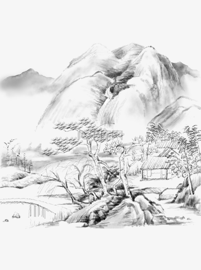 中国风水墨国画古风山水风景树小