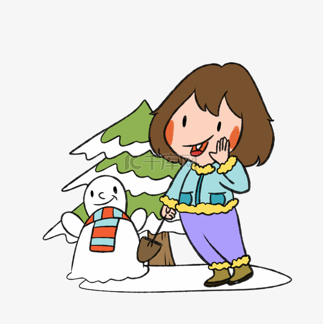 冬季小女孩堆雪人铲子