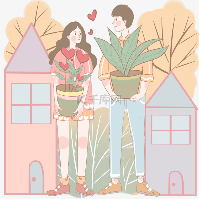 情侣抱着盆栽植物奇异花花