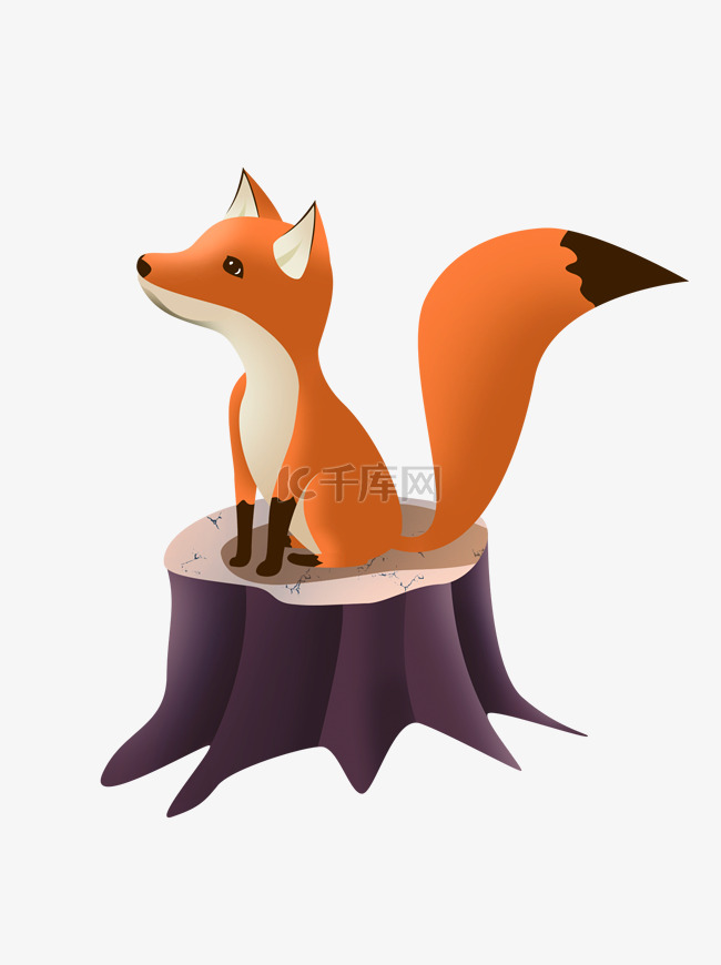 手绘卡通蹲在树桩上的可爱小狐狸