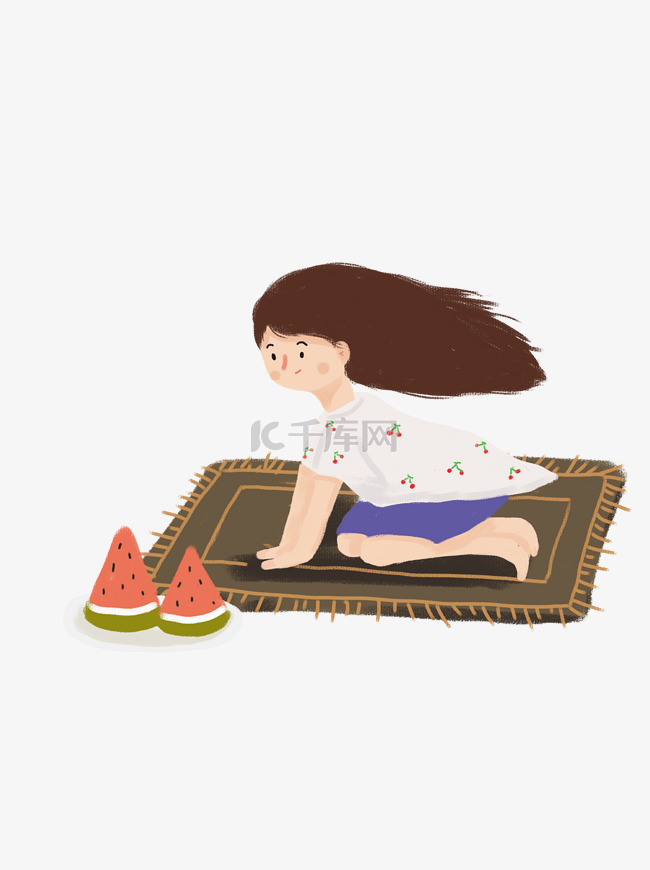 夏季坐在地毯上吹风扇吃西瓜的女