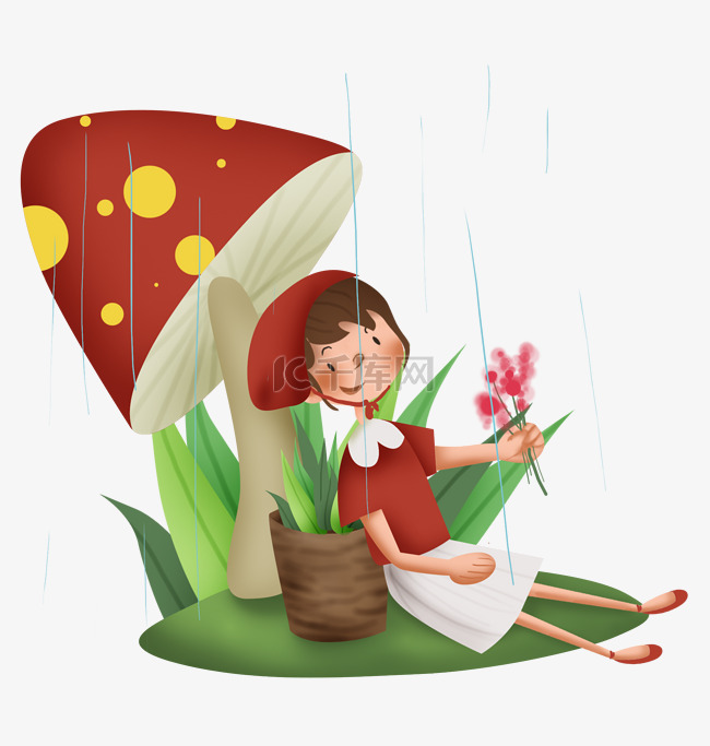 二十四节气雨水蘑菇下避雨的女孩