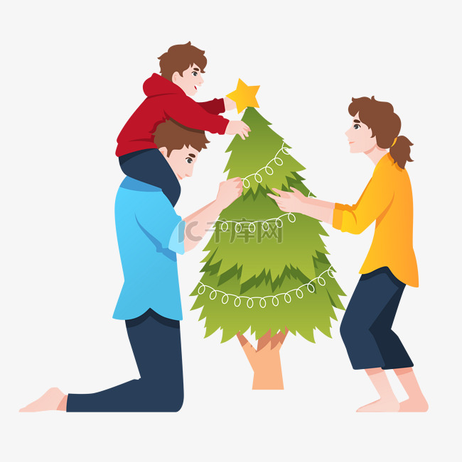 圣诞节一家人装饰圣诞树素材