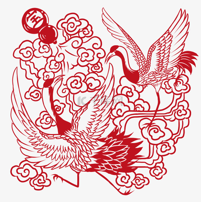 中国风红色丹顶鹤窗花剪纸