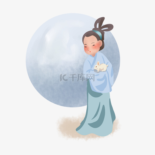 中秋节人物嫦娥抱兔子手绘插画