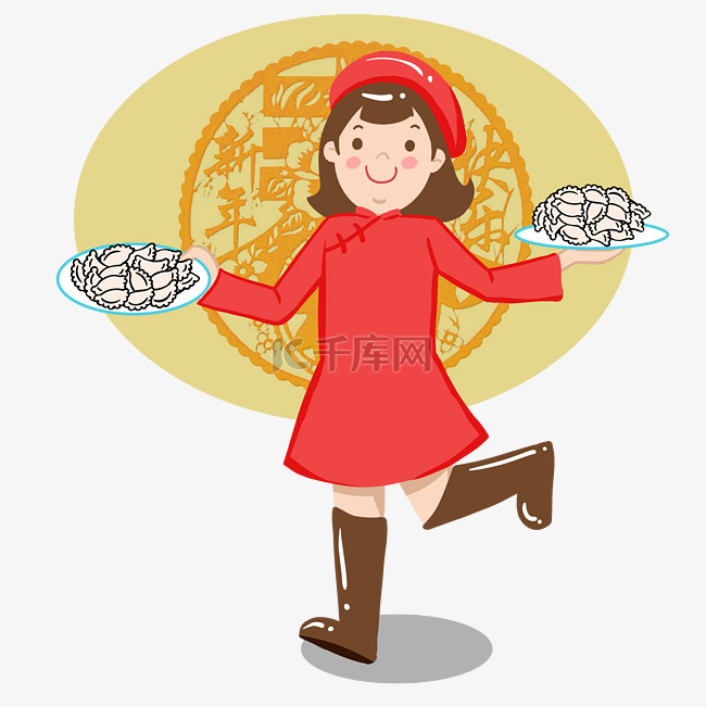 吃饺子新年手绘卡通人物PNG素材