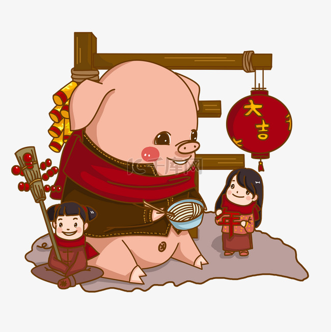 卡通手绘新年福猪和小女孩