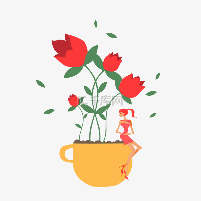 女生坐在花盆上喝茶手绘矢量图