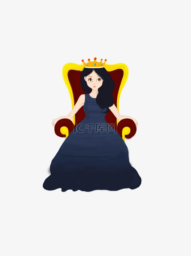 坐在椅子上戴王冠的蓝色长裙卡通