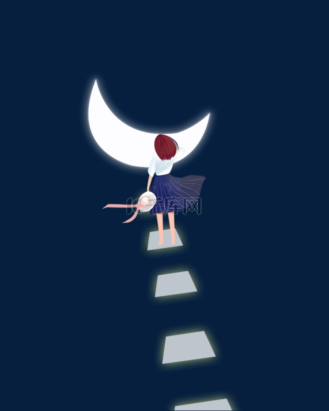 手绘月光下的少女梦幻主题插画