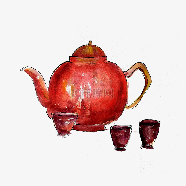 中国红茶壶装饰水墨国画PNG新