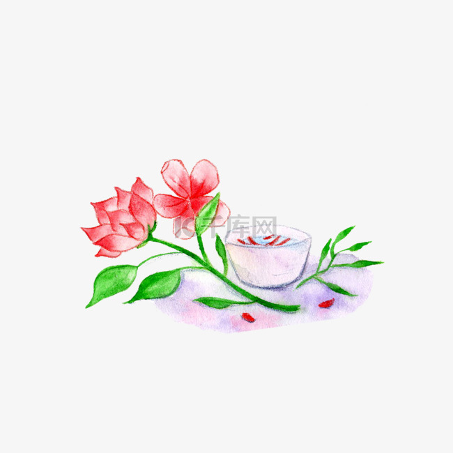 手绘水彩花茶插画