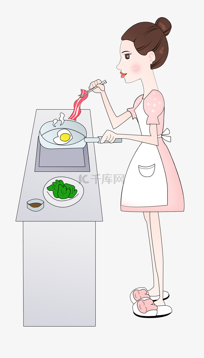 手绘周末在家煮早餐的独立女孩p