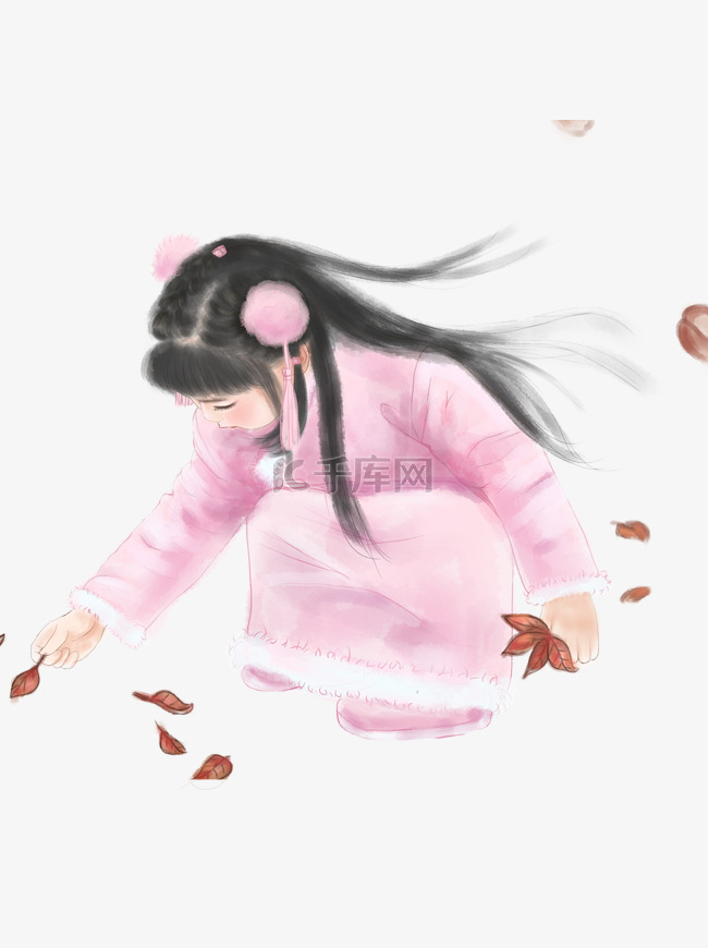 中国风捡落叶的小女孩