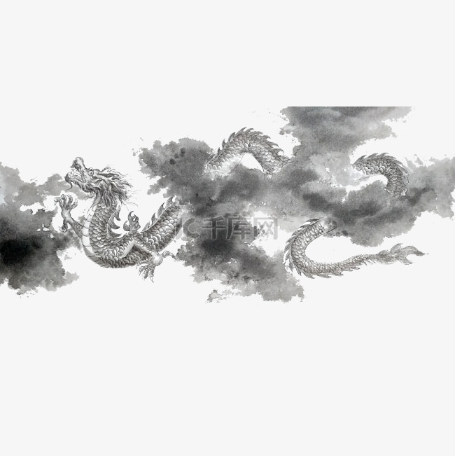 中国古典水墨神兽龙蟒工笔白描游