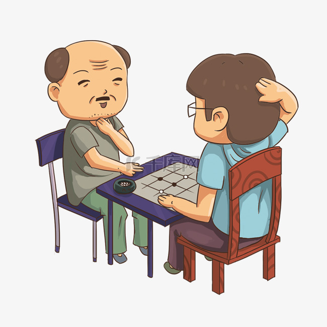 重阳节老人下围棋手绘免抠卡通人