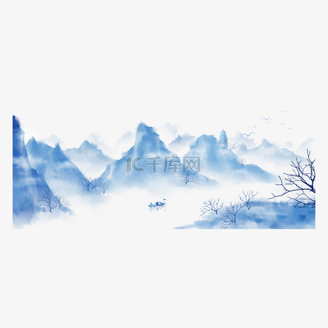 中国风手绘水墨风景山水画