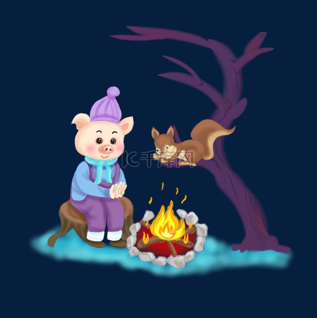 卡通手绘小猪和树上的小松鼠烤火