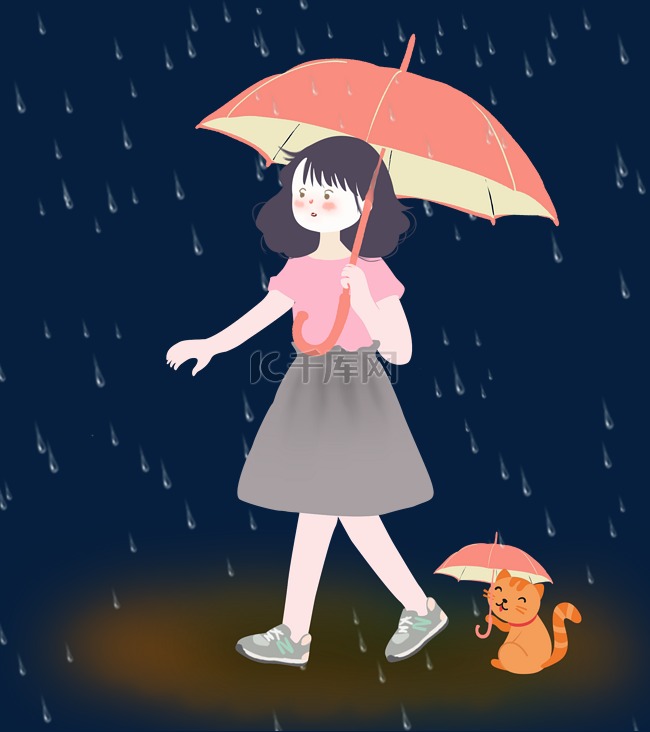 下雨天撑伞走路的小女孩