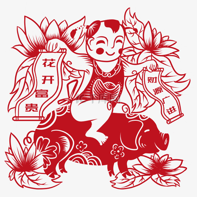 中国风红色福猪窗花剪纸