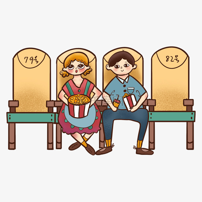 卡通可爱人物情侣坐着吃爆米花看