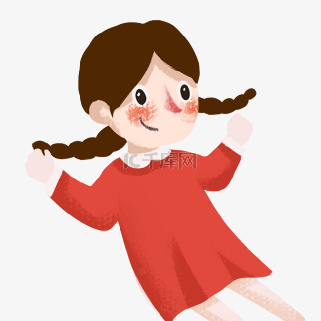 穿着红色裙子扎着羊角辫的小女孩