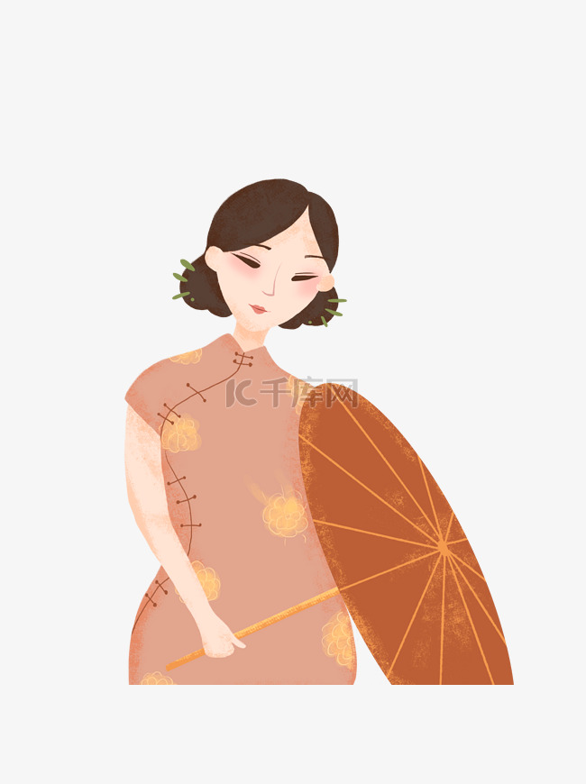 手绘温婉旗袍女人和油纸伞设计
