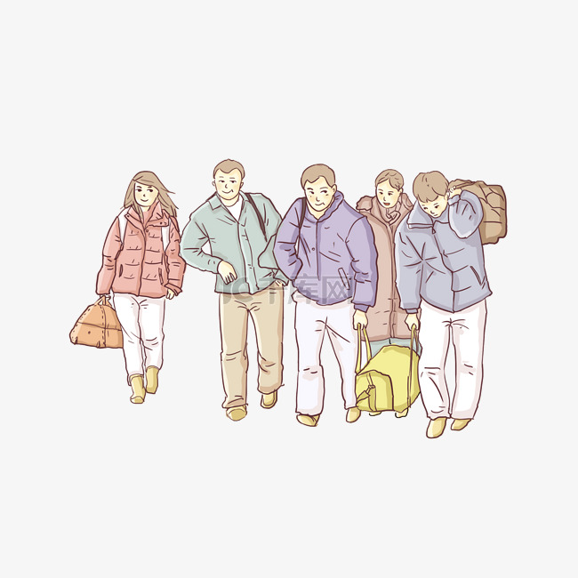 卡通手绘一群人背着行李回家