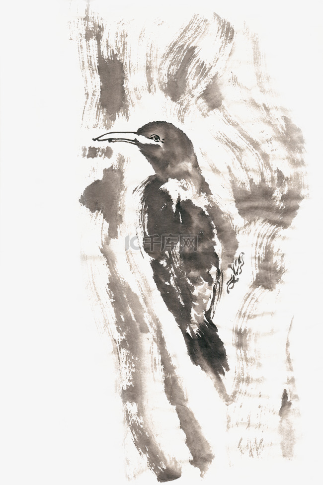 回眸的啄木鸟水墨画PNG免抠素材