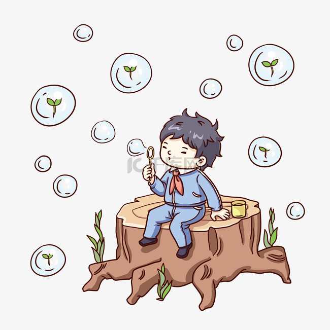 坐在树桩上吹泡泡的男孩