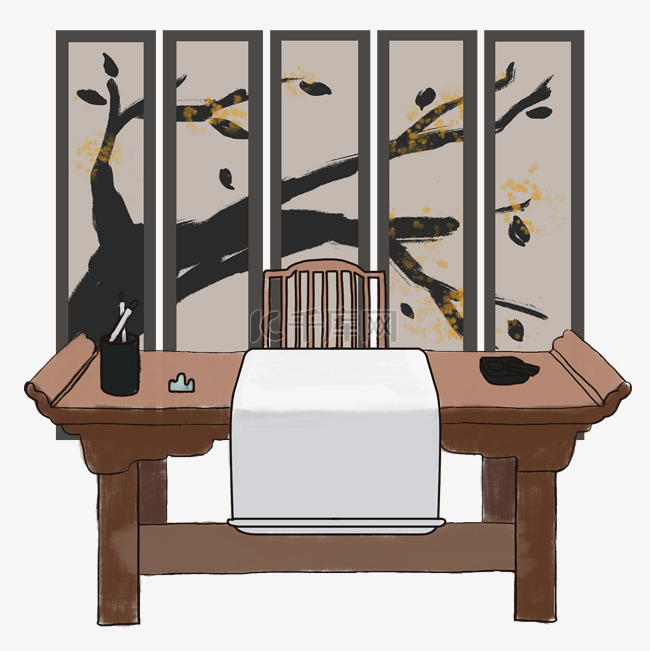 复古古代中国水墨风书桌屏风