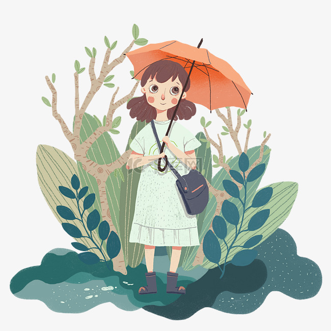 雨水春天节气少女植物伞