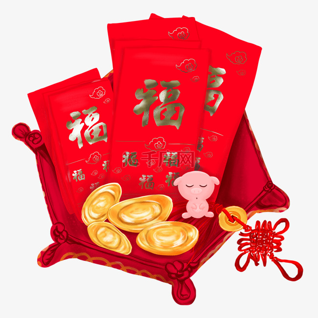 新年物品红包元宝猪中国结手绘插