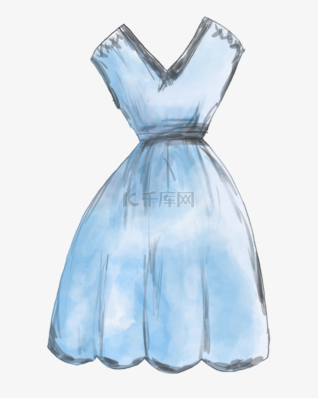 手绘水彩蓝色裙子png