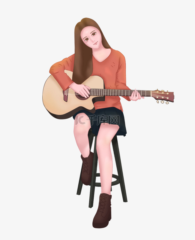 弹吉他的女孩小清新插画
