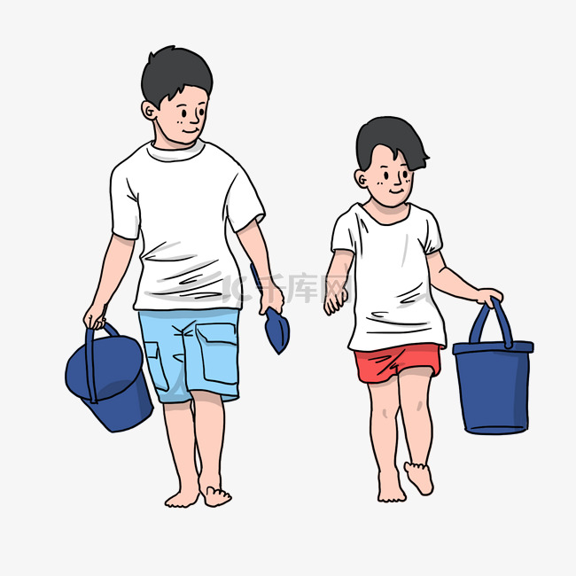 秋季出游穿短袖的小男孩手提水桶