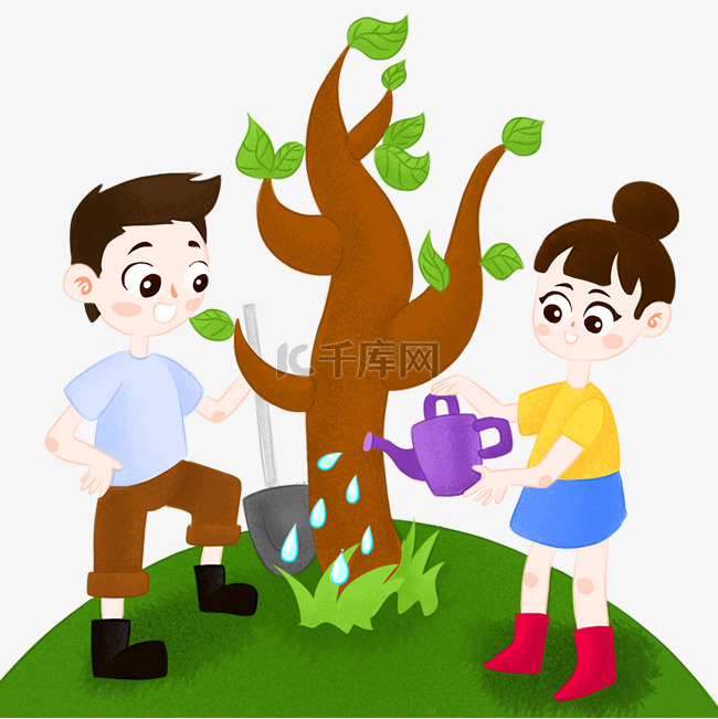手绘植树节男孩和女孩给树木浇水