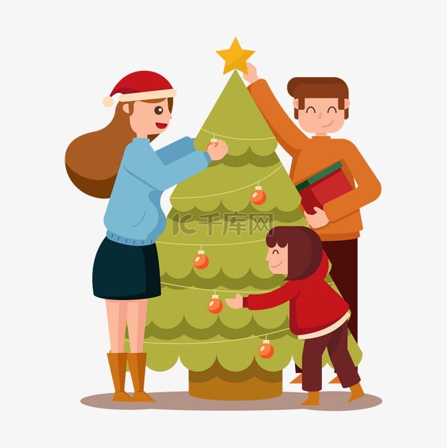 卡通简约装饰圣诞树的一家人