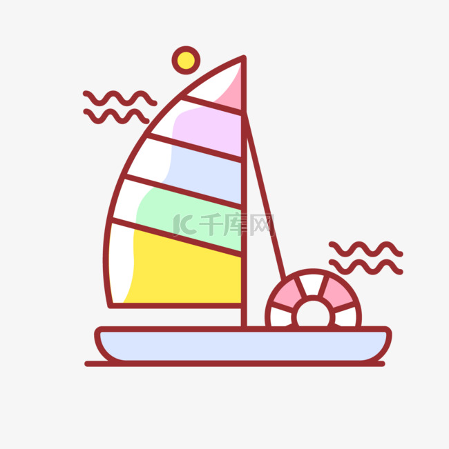 夏天卡通海滩帆船冲浪矢量图