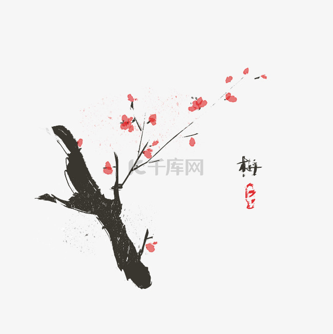 中国风水彩水墨红色梅花