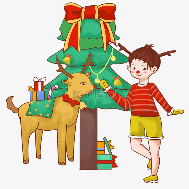 圣诞节小男孩与麋鹿插画
