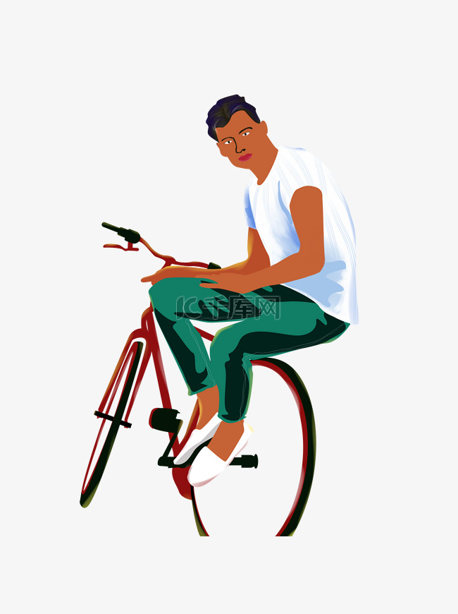 手绘卡通男孩坐在自行车上元素